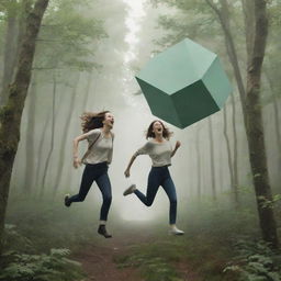 A man and woman, infatuated and panting, fleeing from a normal cubic object floating in the sky, as they navigate through a dense forest.