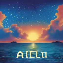 Una portada de álbum titulada 'Azul Cuán Mar' de Hugo Quiñonez con un diseño inspirado en el océano al atardecer, con un cielo estrellado