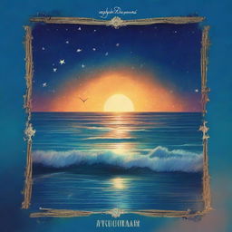 Crea una portada de álbum titulada 'Azul Cuán Mar' de Hugo Quiñonez, inspirada en el océano al atardecer con un cielo estrellado