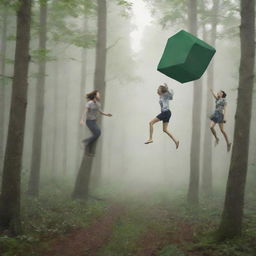 A man and woman, infatuated and panting, fleeing from a normal cubic object floating in the sky, as they navigate through a dense forest.