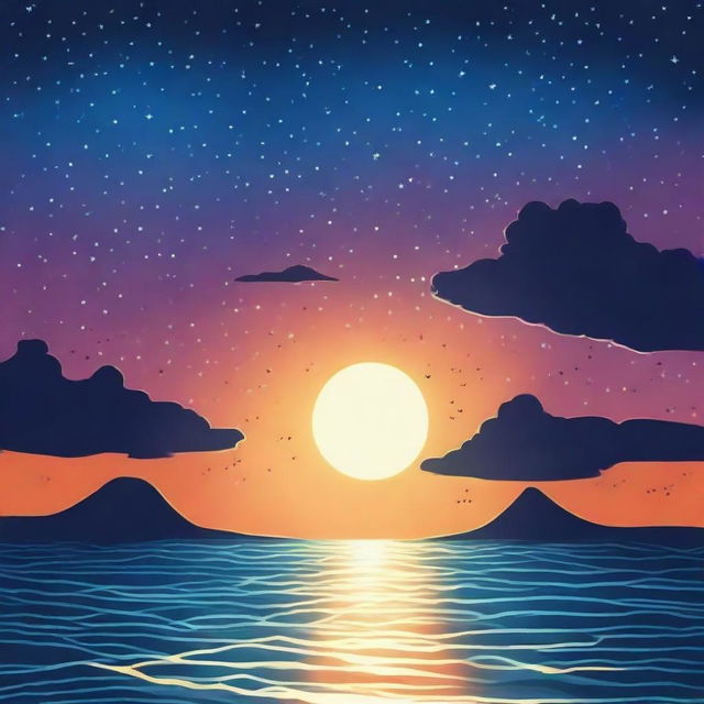 Crea una portada de álbum titulada 'Azul Cuán Mar' de Hugo Quiñonez, inspirada en el océano al atardecer con un cielo estrellado