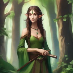 A lythari wood elf with green eyes and brown hair, holding a pipe