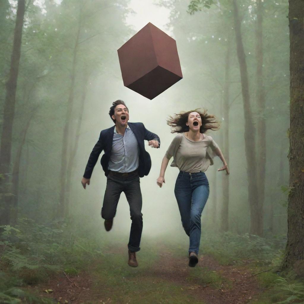 A man and woman, infatuated and panting, fleeing from a normal cubic object floating in the sky, as they navigate through a dense forest.