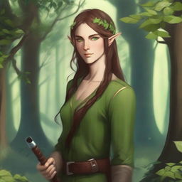 A lythari wood elf with green eyes and brown hair, holding a pipe