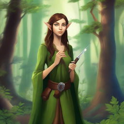 A lythari wood elf with green eyes and brown hair, holding a pipe