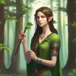 A lythari wood elf with green eyes and brown hair, holding a pipe