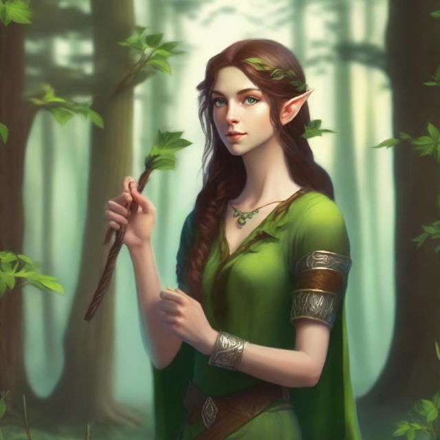 A lythari wood elf with green eyes and brown hair, holding a pipe