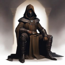 Create an enigmatic full body character portrait of a male rogue artificer with brown skin