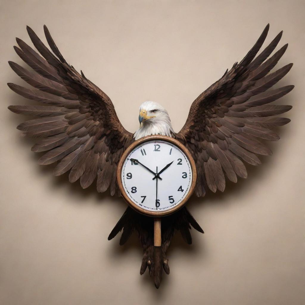 A surreal image of a wall clock transfigured into a powerful eagle, with its wings outstretched, holding a baseball bat