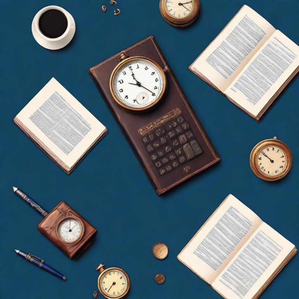 A thick book on a navy blue background, accompanied by an antique clock, a cup of coffee, a pen, and a large calculator