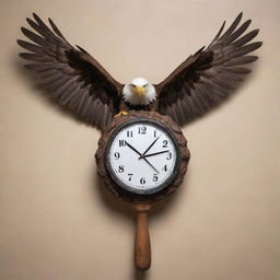 A surreal image of a wall clock transfigured into a powerful eagle, with its wings outstretched, holding a baseball bat