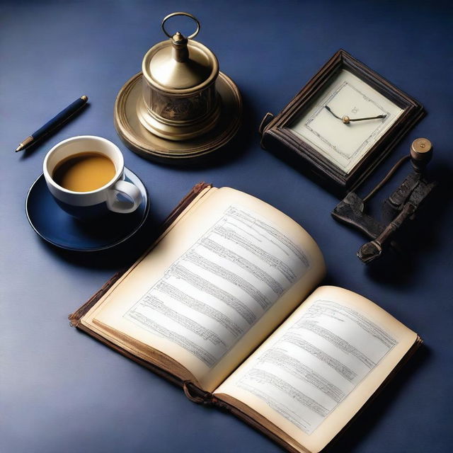 A thick book on a navy blue background, accompanied by an antique clock, a cup of coffee, a pen, and a large calculator