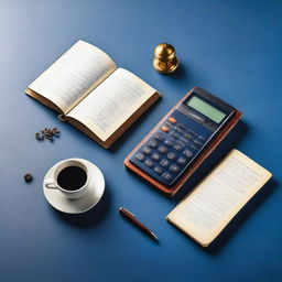 A thick book on a navy blue background, accompanied by an antique clock, a cup of coffee, a pen, and a large calculator