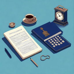 A thick book on a navy blue background, accompanied by an antique clock, a cup of coffee, a pen, and a large calculator