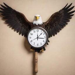 A surreal image of a wall clock transfigured into a powerful eagle, with its wings outstretched, holding a baseball bat