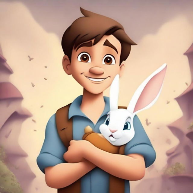 Create a Disney movie poster featuring a heroic young man holding a cute rabbit