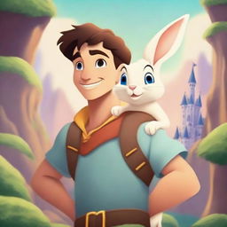 Create a Disney movie poster featuring a heroic young man holding a cute rabbit