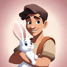 Create a Disney movie poster featuring a heroic young man holding a cute rabbit