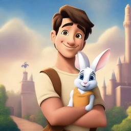 Create a Disney movie poster featuring a heroic young man holding a cute rabbit