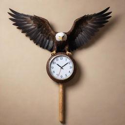 A surreal image of a wall clock transfigured into a powerful eagle, with its wings outstretched, holding a baseball bat