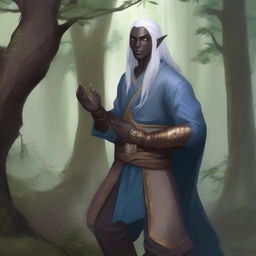 A half-elf drow martial monk from the Dungeons & Dragons universe, wearing wooden gauntlets