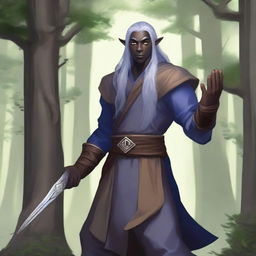 A half-elf drow martial monk from the Dungeons & Dragons universe, wearing wooden gauntlets