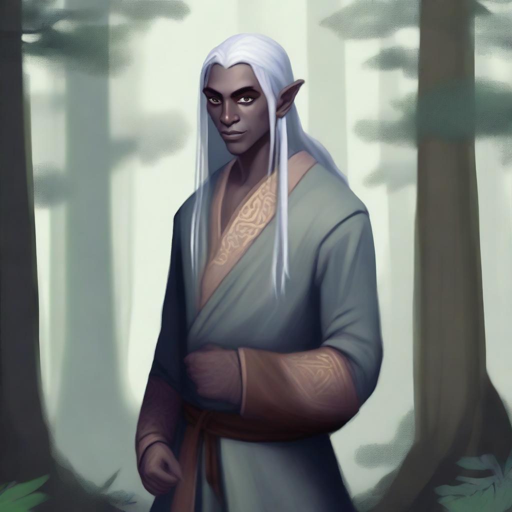 A half-elf drow monk wearing mittens, standing in a serene forest