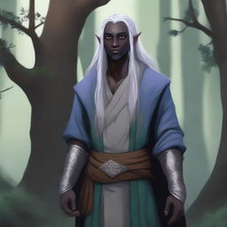 A half-elf drow monk wearing mittens, standing in a serene forest