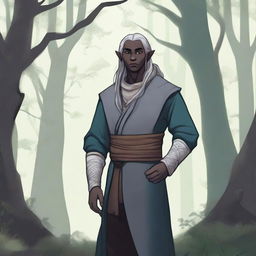 A half-elf drow monk wearing mittens, standing in a serene forest