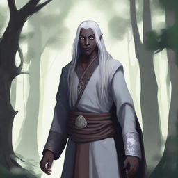 A half-elf drow monk wearing mittens, standing in a serene forest