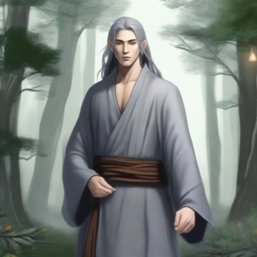 A half-elf monk with grey skin, standing in a serene and mystical forest setting