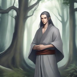 A half-elf monk with grey skin, standing in a serene and mystical forest setting