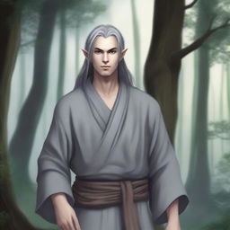 A half-elf monk with grey skin, standing in a serene and mystical forest setting