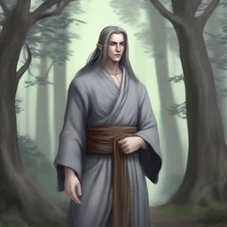 A half-elf monk with grey skin, standing in a serene and mystical forest setting