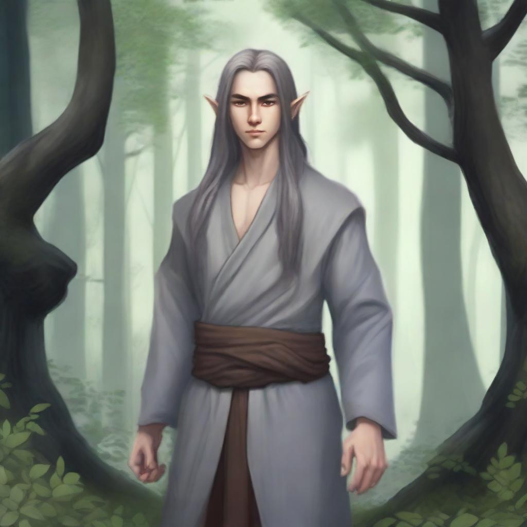 A half-elf monk with grey skin, standing in a tranquil and mystical forest