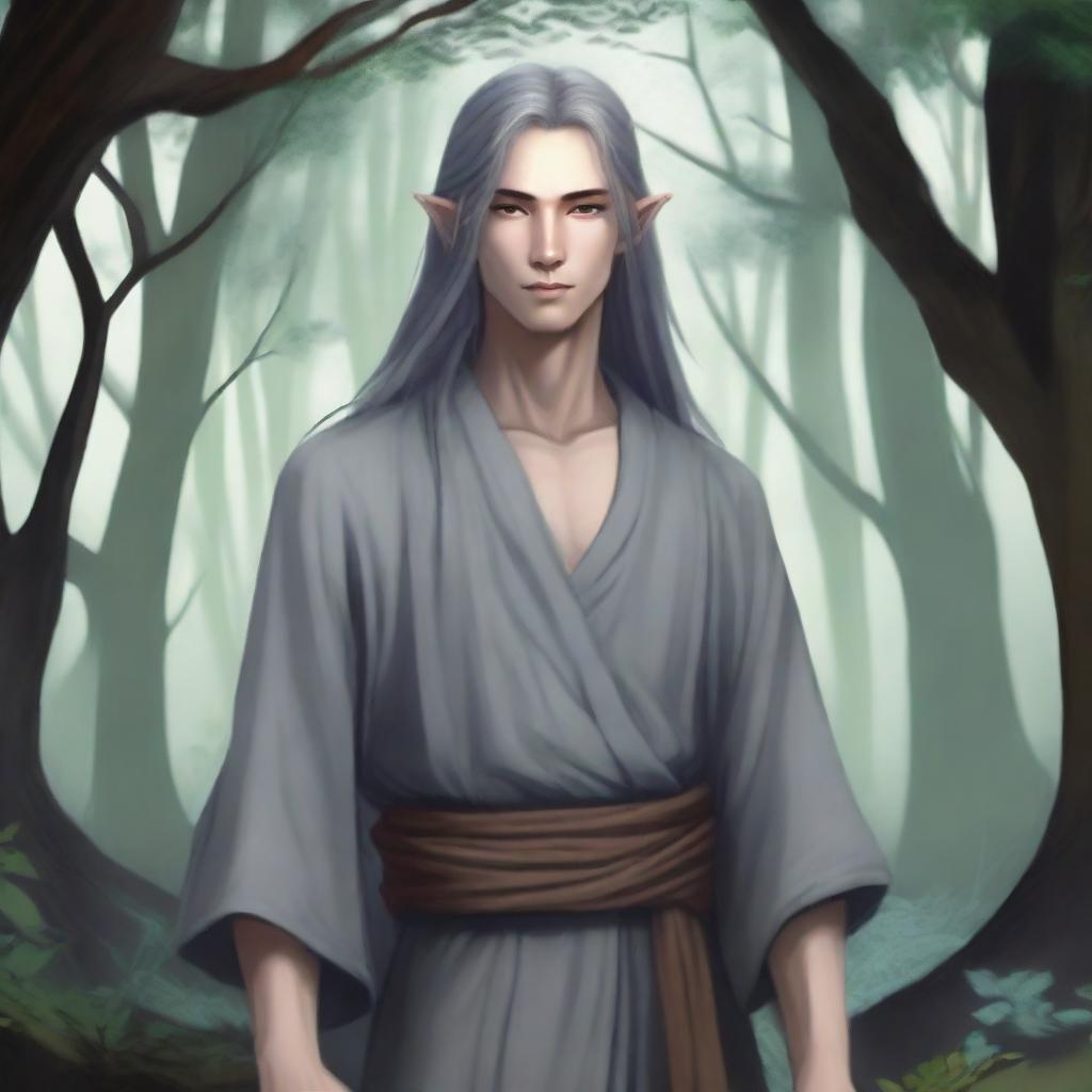 A half-elf monk with grey skin, standing in a tranquil and mystical forest