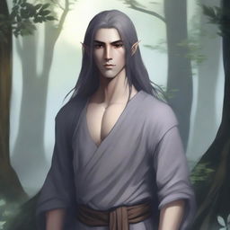 A half-elf monk with grey skin, standing in a tranquil and mystical forest