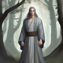 A half-elf monk with grey skin, standing in a tranquil and mystical forest