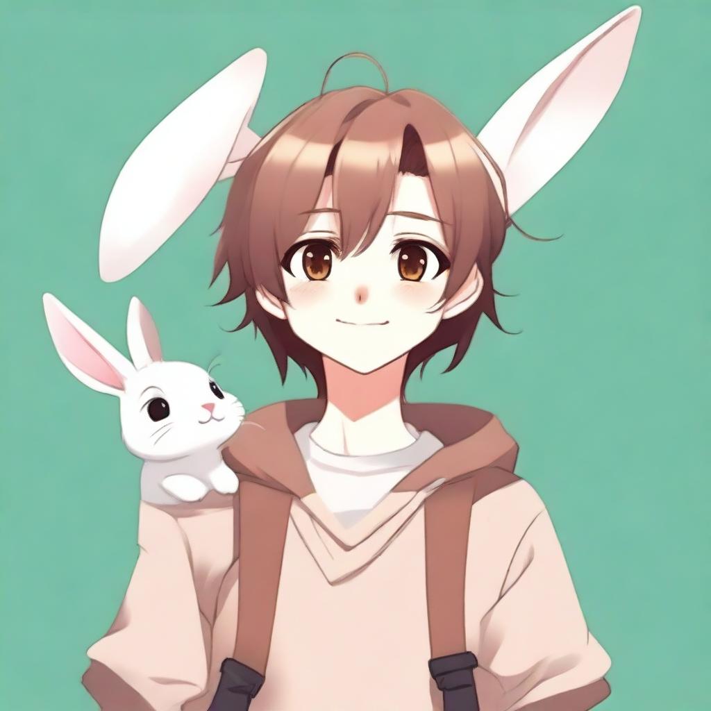 A young male character with long rabbit ears, brown hair that covers his eyes, and a cute rabbit nose