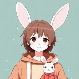 A young male character with long rabbit ears, brown hair that covers his eyes, and a cute rabbit nose