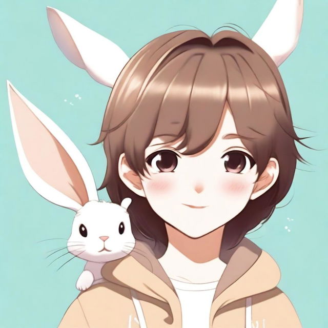 A young male character with long rabbit ears, brown hair that covers his eyes, and a cute rabbit nose