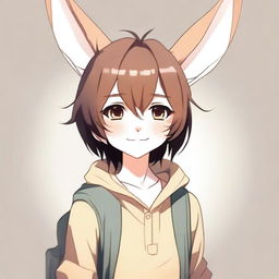 A young male character with long rabbit ears, brown hair that covers his eyes, and a cute rabbit nose