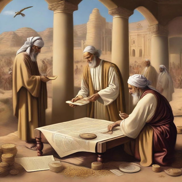 An artistic representation of biblical finances, featuring ancient scrolls, coins, and a serene background of biblical times