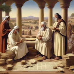 An artistic representation of biblical finances, featuring ancient scrolls, coins, and a serene background of biblical times
