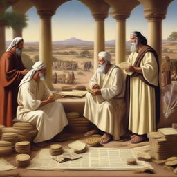 An artistic representation of biblical finances, featuring ancient scrolls, coins, and a serene background of biblical times