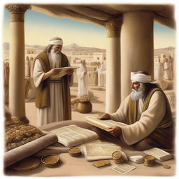 An artistic representation of biblical finances, featuring ancient scrolls, coins, and a serene background of biblical times