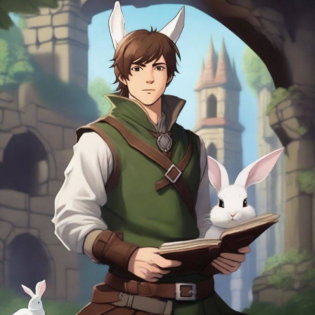 A male character with short brown hair and rabbit ears on his head, set in a Dungeons and Dragons fantasy world