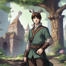 A male character with short brown hair and rabbit ears on his head, set in a Dungeons and Dragons fantasy world