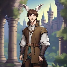 A male character with short brown hair and rabbit ears on his head, set in a Dungeons and Dragons fantasy world