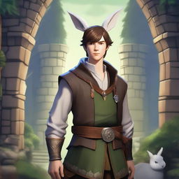 A male character with short brown hair and rabbit ears on his head, set in a Dungeons and Dragons fantasy world